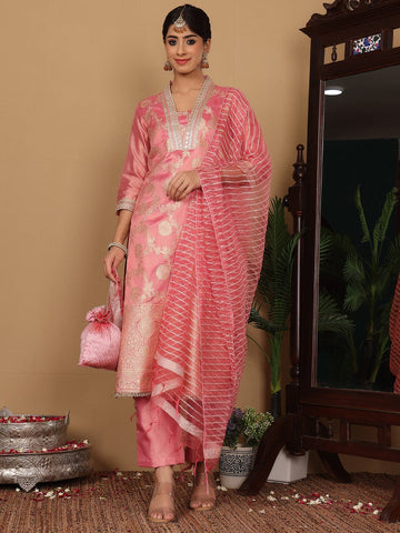 Varanga Women Pink Brocade Sequin Lace Kurta With Bottom And Dupatta