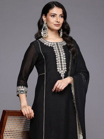 Varanga Women Black Zari Embroidered Kurta Set with Dupatta