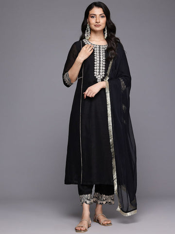 Varanga Women Black Zari Embroidered Kurta Set with Dupatta