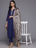 Varanga Women Navy Blue Round Neck Gotta Embellished Straight Kurta Paired With Printed Dupatta And Tonal Bottom