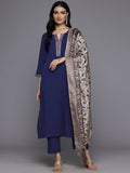 Varanga Women Navy Blue Round Neck Gotta Embellished Straight Kurta Paired With Printed Dupatta And Tonal Bottom