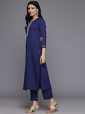 Varanga Women Navy Blue Round Neck Gotta Embellished Straight Kurta Paired With Printed Dupatta And Tonal Bottom