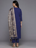 Varanga Women Navy Blue Round Neck Gotta Embellished Straight Kurta Paired With Printed Dupatta And Tonal Bottom