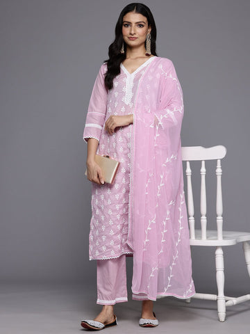 Varanga Women Pink V Neck Thread Embroidered Kurta With Three Fourth Sleeve And Bottom With Dupatta