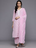 Varanga Women Pink V Neck Thread Embroidered Kurta With Three Fourth Sleeve And Bottom With Dupatta