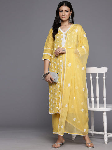 Varanga Women Yellow V Neck Thread Embroidered Kurta With Three Fourth Sleeve And Bottom With Dupatta