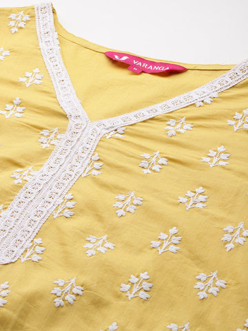 Varanga Women Yellow V Neck Thread Embroidered Kurta With Three Fourth Sleeve And Bottom With Dupatta