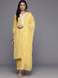 Varanga Women Yellow V Neck Thread Embroidered Kurta With Three Fourth Sleeve And Bottom With Dupatta