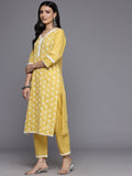 Varanga Women Yellow V Neck Thread Embroidered Kurta With Three Fourth Sleeve And Bottom With Dupatta