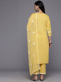 Varanga Women Yellow V Neck Thread Embroidered Kurta With Three Fourth Sleeve And Bottom With Dupatta