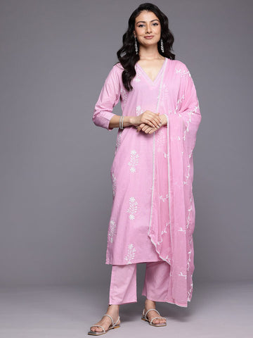 Varanga Women Pink Chikankari V Neck with Zari Detailed Kurta Set with Dupatta