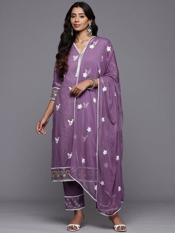 Varanga Women Lavender Thread Embroidered Straight Kurta Set with Dupatta.