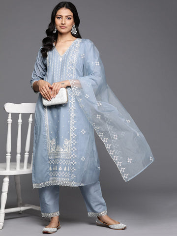Varanga Women Blue V Neck Thread & Sequence Embroidered Kurta Paired With Bottom & Embroidered Organza Dupatta