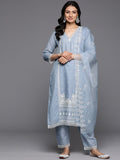 Varanga Women Blue V Neck Thread & Sequence Embroidered Kurta Paired With Bottom & Embroidered Organza Dupatta