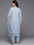 Varanga Women Blue V Neck Thread & Sequence Embroidered Kurta Paired With Bottom & Embroidered Organza Dupatta