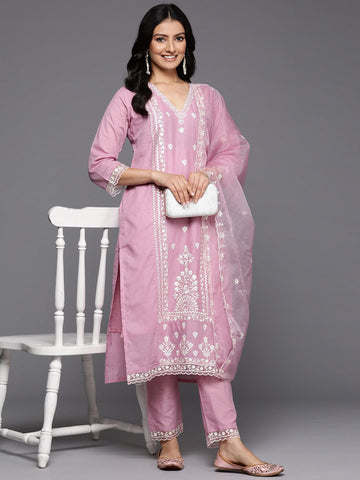 Varanga Women Pink V Neck Thread & Sequence Embroidered Kurta Paired With Bottom & Embroidered Organza Dupatta