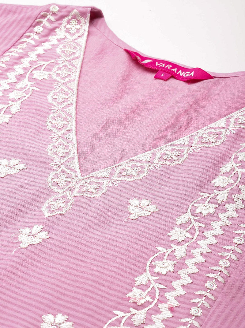 Varanga Women Pink V Neck Thread & Sequence Embroidered Kurta Paired With Bottom & Embroidered Organza Dupatta