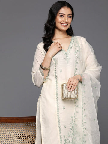 Varanga Women Cream V Neck Thread & Sequence Embroidered Kurta Paired With Bottom & Embroidered Organza Dupatta