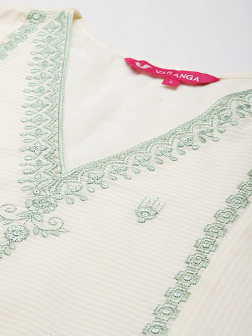 Varanga Women Cream V Neck Thread & Sequence Embroidered Kurta Paired With Bottom & Embroidered Organza Dupatta