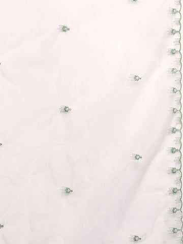 Varanga Women Cream V Neck Thread & Sequence Embroidered Kurta Paired With Bottom & Embroidered Organza Dupatta
