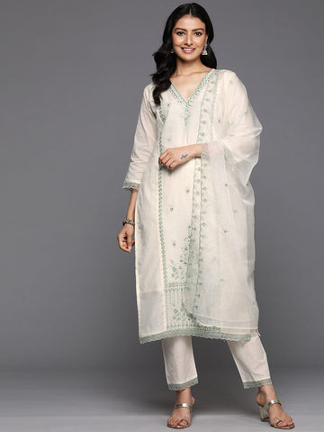 Varanga Women Cream V Neck Thread & Sequence Embroidered Kurta Paired With Bottom & Embroidered Organza Dupatta