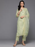 Varanga Women Green Round Neck Thread & Sequence Embroidered Kurta Paired With Bottom & Embroidered Organza Dupatta