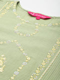 Varanga Women Green Round Neck Thread & Sequence Embroidered Kurta Paired With Bottom & Embroidered Organza Dupatta