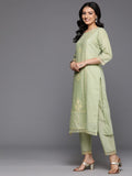 Varanga Women Green Round Neck Thread & Sequence Embroidered Kurta Paired With Bottom & Embroidered Organza Dupatta