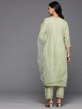 Varanga Women Green Round Neck Thread & Sequence Embroidered Kurta Paired With Bottom & Embroidered Organza Dupatta