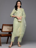 Varanga Women Green Round Neck Thread & Sequence Embroidered Kurta Paired With Bottom & Embroidered Organza Dupatta