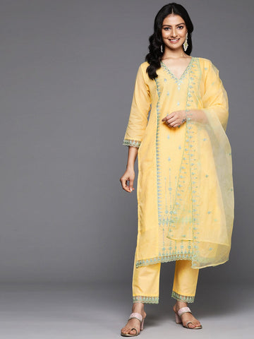 Varanga Women Yellow V- Neck Thread & Sequence Embroidered Kurta Paired With Bottom & Embroidered Organza Dupatta