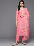 Varanga Women Pink V- Neck Thread & Sequence Embroidered Kurta Paired With Bottom & Embroidered Organza Dupatta