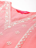 Varanga Women Pink V- Neck Thread & Sequence Embroidered Kurta Paired With Bottom & Embroidered Organza Dupatta