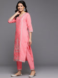 Varanga Women Pink V- Neck Thread & Sequence Embroidered Kurta Paired With Bottom & Embroidered Organza Dupatta