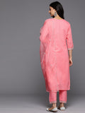 Varanga Women Pink V- Neck Thread & Sequence Embroidered Kurta Paired With Bottom & Embroidered Organza Dupatta