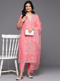 Varanga Women Pink V- Neck Thread & Sequence Embroidered Kurta Paired With Bottom & Embroidered Organza Dupatta