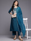 Varanga Women Blue Zari Embroidered Kurta With Bottom And Dupatta