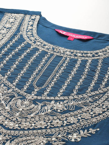 Varanga Women Blue Zari Embroidered Kurta With Bottom And Dupatta