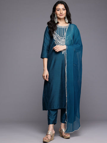 Varanga Women Blue Zari Embroidered Kurta With Bottom And Dupatta