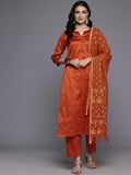 Varanga Women Rust Round Neck Woven Design Gotta Embellished Straight Kurta Paired With Bottom And Dupatta