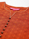 Varanga Women Rust Round Neck Woven Design Gotta Embellished Straight Kurta Paired With Bottom And Dupatta