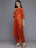 Varanga Women Rust Round Neck Woven Design Gotta Embellished Straight Kurta Paired With Bottom And Dupatta