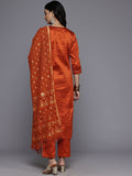 Varanga Women Rust Round Neck Woven Design Gotta Embellished Straight Kurta Paired With Bottom And Dupatta