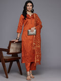 Varanga Women Rust Round Neck Woven Design Gotta Embellished Straight Kurta Paired With Bottom And Dupatta