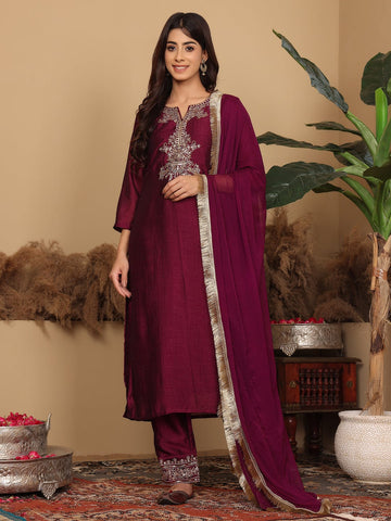 Varanga Women Zari Embroidered Kurta Set With Dupatta