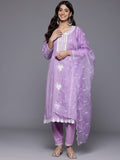 Varanga Women Lavender V Neck Heavy Thread Embroidered Kurta With Bottom & Dupatta