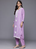 Varanga Women Lavender V Neck Heavy Thread Embroidered Kurta With Bottom & Dupatta