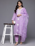 Varanga Women Lavender V Neck Heavy Thread Embroidered Kurta With Bottom & Dupatta