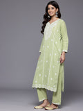 Varanga Women Sea Green Round Neck Heavy Thread Embroidered Kurta With Bottom & Dupatta