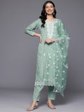 Varanga Women Sea Green Round Neck Heavy Thread Embroidered Kurta With Bottom & Dupatta